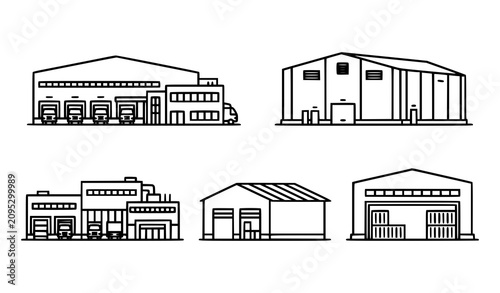 Warehouse Building Icons Set Industrial Storage Depot Line Vector Collection