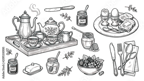 Photos Vintage breakfast food vector set, hand drawn morning tea and coffee elements, r