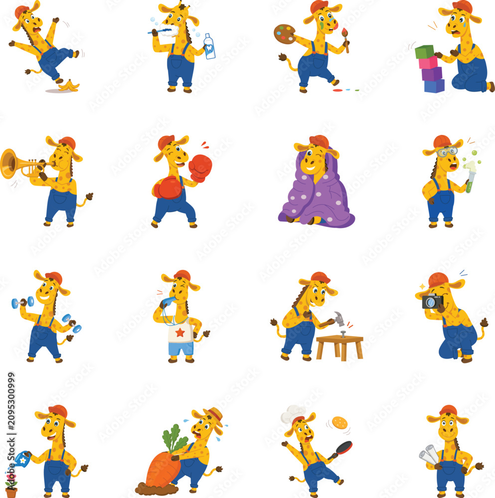 Fototapeta premium Creative giraffe professions, hobbies, sports, home activities, and artistic skills illustrated as colorful cartoon vector icons. 