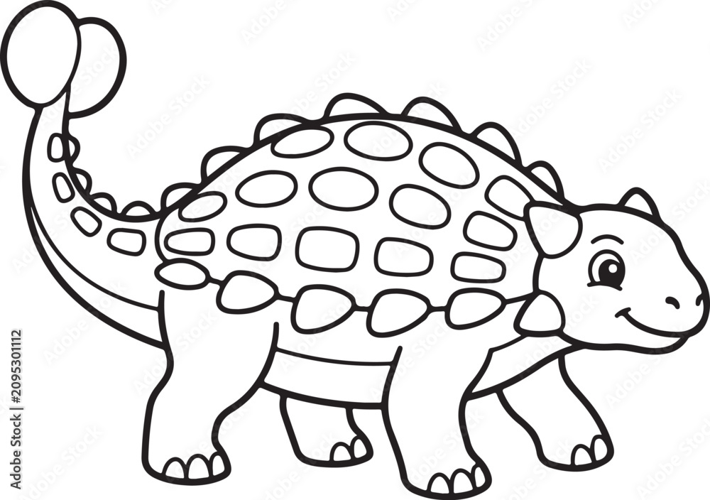 Fototapeta premium Cute Cartoon Ankylosaurus Dinosaur Vector Line Art Illustration