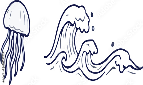 Фотография Stylized drawing depicts a single jellyfish with flowing tentacles alongside a series of dark blue ocean waves breaking