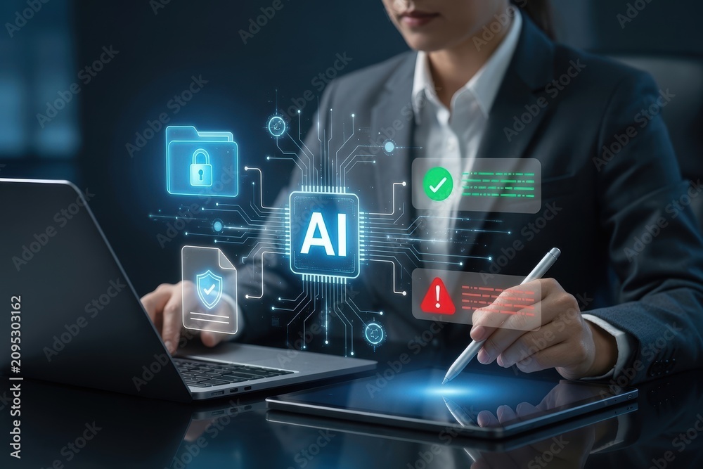 Fototapeta premium Business person using artificial intelligence technology with digital icons for data security and cyber management on a tablet and laptop in office