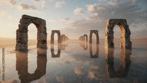Ancient Roman Stone Aqueduct Ruins Reflecting on Calm Water Surface at Golden Hour Sunset Landscape
