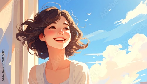 A smiling woman looking out the window.