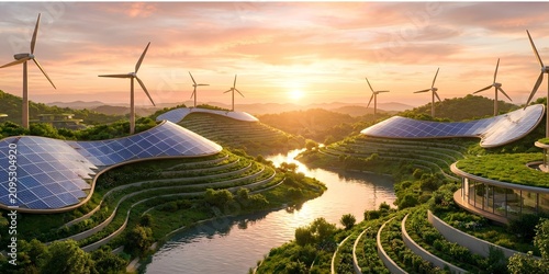 Sustainable Renewable Energy Landscape with Solar Panels and Wind Turbines at SunsetSustainable Renewable Energy Landscape with Solar Panels and Wind Turbines at Sunset