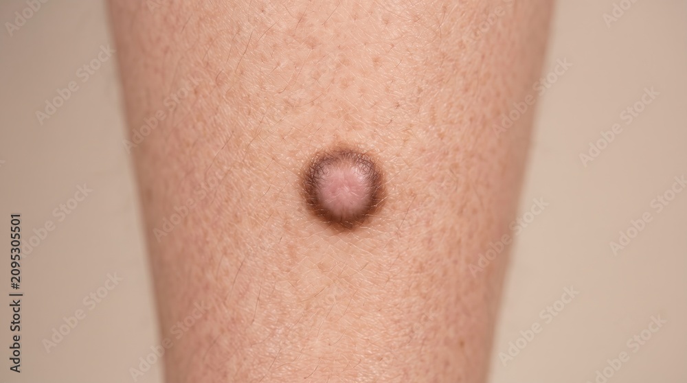 Fototapeta premium Close up of skin on leg with a raised brownish plaque of seborrheic keratosis