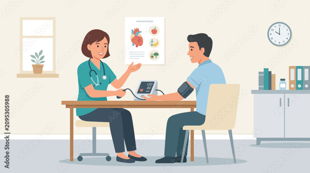 Fototapeta premium Doctor checking patient's blood pressure in clinic, healthcare checkup illustration