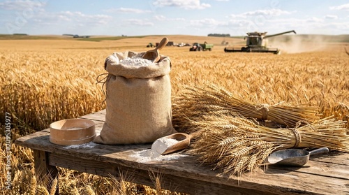 Burlap sack of flour and raw wheat spikes on a wooden surface with a combine harvester actively working in a sunny golden field.