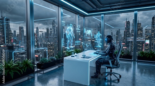 Futuristic cybernetic entity working on advanced holographic projections within a high tech office overlooking a sprawling metropolitan cityscape at night