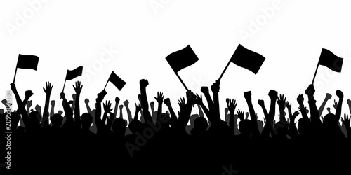 Foto Crowd Silhouette With Raised Arms And Flags Against White Background