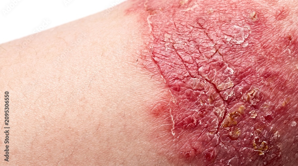 Fototapeta premium Macro close up of severe scaly plaque and cracked red skin from chronic eczema