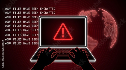 Cybersecurity threat concept featuring a laptop displaying a ransomware warning message and a global digital network overlay in a dark red environment