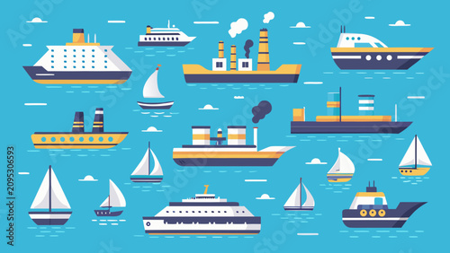Foto Diverse watercraft illustration flat vector design on a blue background