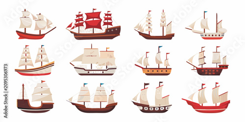 Photos Historical Sailing Ships Collection Flat Vector Illustration On White Background