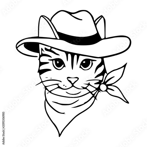 wild west aesthetic concept outline drawing of a cowboy kitten face for pet shop logo