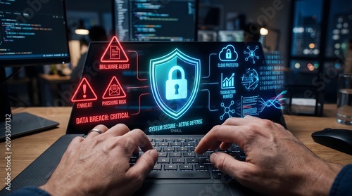 Cybersecurity professional monitoring active network defense systems with glowing digital security shield interface on a modern laptop screen at night