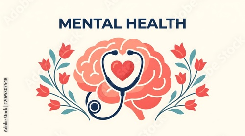 Mental health illustration featuring a pink brain with a stethoscope and heart surrounded by red tulips on a soft cream background for medical awareness