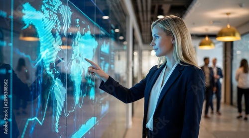 Professional businesswoman analyzing global data trends on an interactive digital glass wall display in a modern corporate office environment workspace