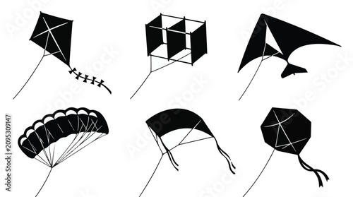 Six kites flying high. Various kite designs and shapes. Kite silhouettes collection