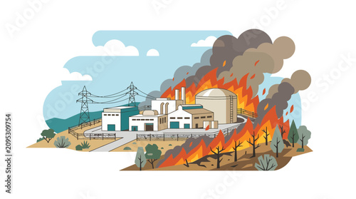 Schilderij op canvas Nuclear Power Plant Threatened by Massive Wildfire Disaster