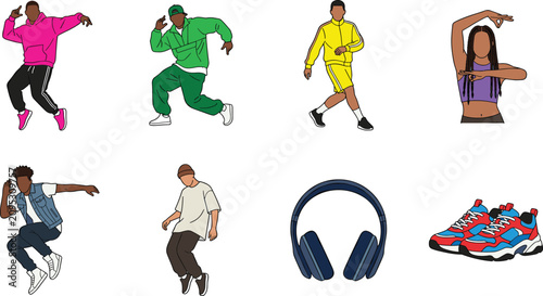 Картината върху платно Modern Street Dance and Hip Hop Character Set Featuring Trendy Dancers in Urban
