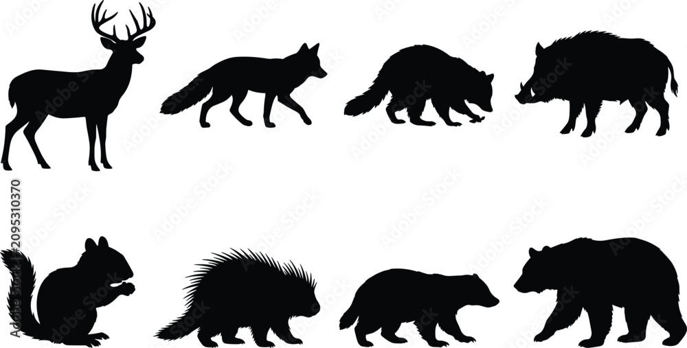 Obraz premium Collection of woodland animal silhouettes including deer, fox, raccoon, boar, squirrel, porcupine, badger, and bear