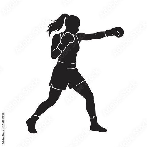 Dynamic silhouette of female boxer in action throwing a powerful punch with gloves and athletic gear, black and white vector illustration