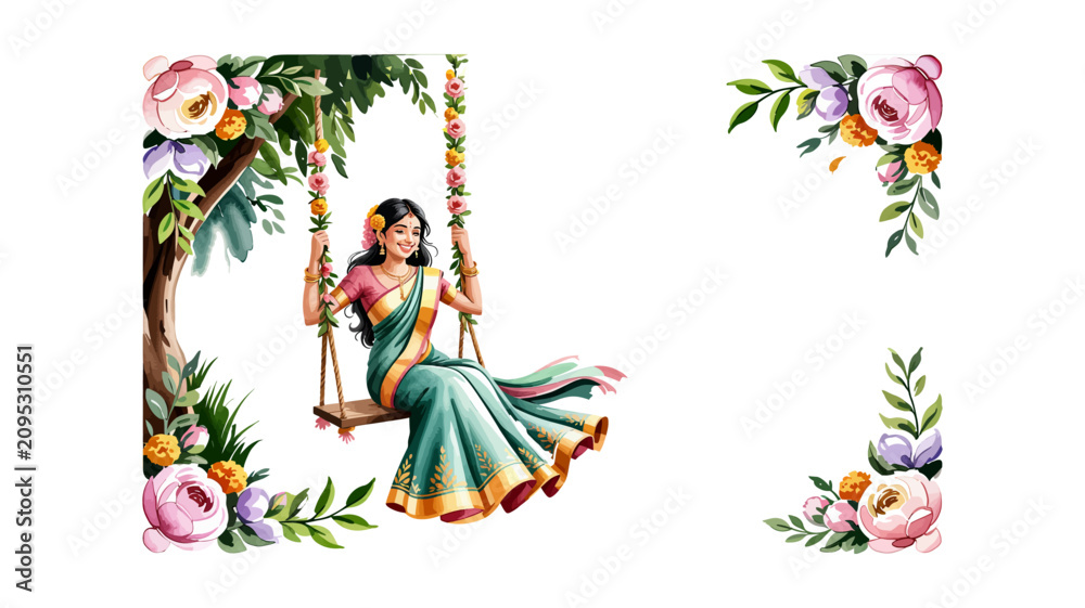 Fototapeta premium Happy Hariyali Teej Festival Illustration of Woman Sitting on Floral Swing with Decorative Flower Garland Isolated on White Background