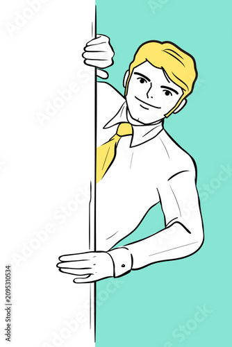 Comic style line art vector illustration of a blonde businessman peeking out from behind a blank white billboard or vertical sign.