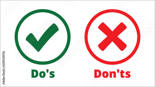 Tableau sur toile Green checkmark and red X icons with do and don't labels for correct and incorrect actions, user guidance, quality control, and safety signage, vector, designs