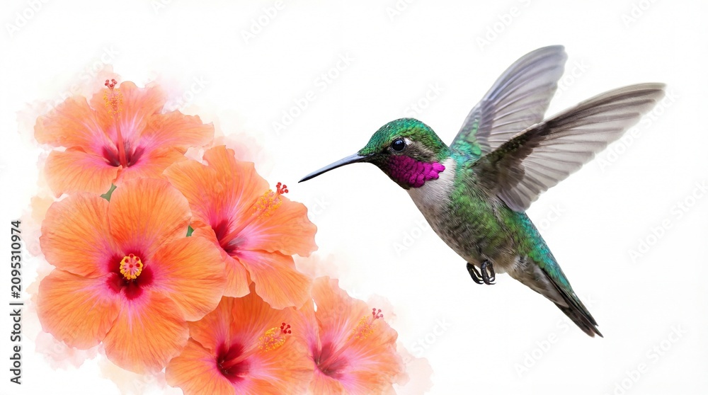 Fototapeta premium A vibrant ruby-throated hummingbird with iridescent green and magenta feathers hovers gracefully, feeding nectar from a cluster of beautiful orange hibiscus flowers against a white background.