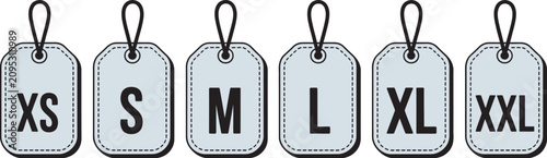 Obraz na plátně Clothing size labels set for fashion apparel and garment industry, vector illustration featuring standard sizing tags, retail branding, textile manufacturing, and clothing production design