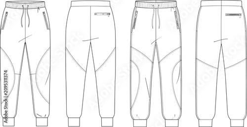 Men jogger pants sweatpants technical flat sketch vector template with front and back views paneling details fashion mockup