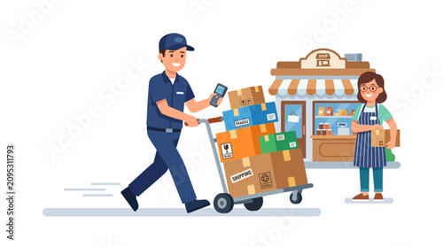 Canvas Print Delivery Man Carrying Cardboard Boxes to Store Front