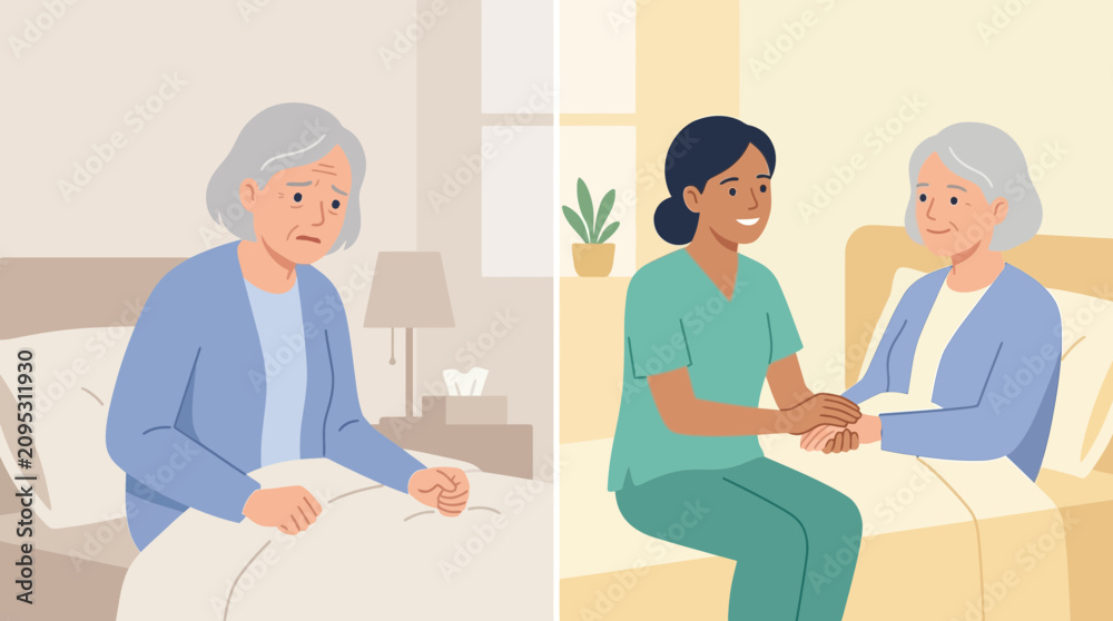 Fototapeta premium Elderly woman loneliness versus compassionate care from nurse in hospital room