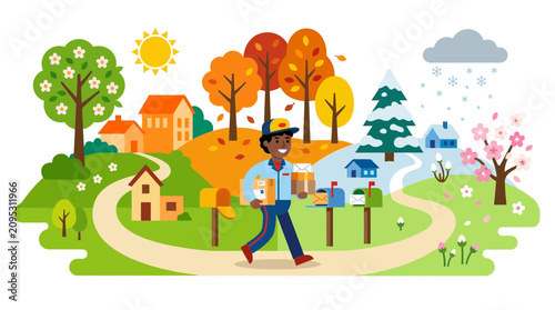 Foto Mail Carrier Delivering Packages Across Seasonal Landscape Illustration