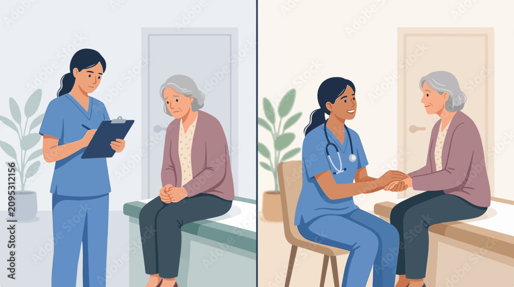 Obraz premium Nurse caring for elderly patient, medical consultation, empathy and support