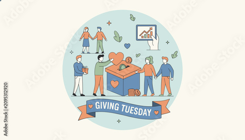 Diverse community participates in Giving Tuesday, donating money, gifts, and hearts to help non-profit organizations.
