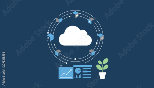 Cloud computing concept connects digital databases, analytics charts, and environmental green office solutions.