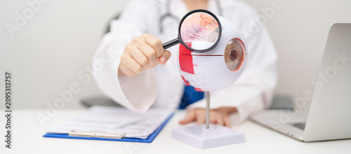 Foto Doctor with human Eye anatomy model with magnifying glass
