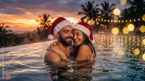A romantic young couple cuddling blissfully in a swimming pool at sunset.