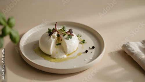 Fresh burrata cheese with olive oil and microgreens on a beige background