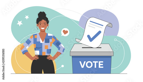 Happy young black woman standing next to ballot box after voting successfully during official public elections.