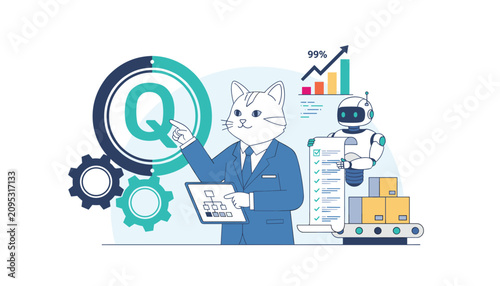 Professional cat manager in corporate suit inspecting factory products for quality control with automation robot.