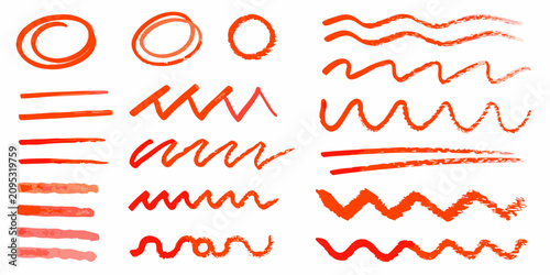 Foto hand drawn marker lines in red and orange on white background scribbles doodles