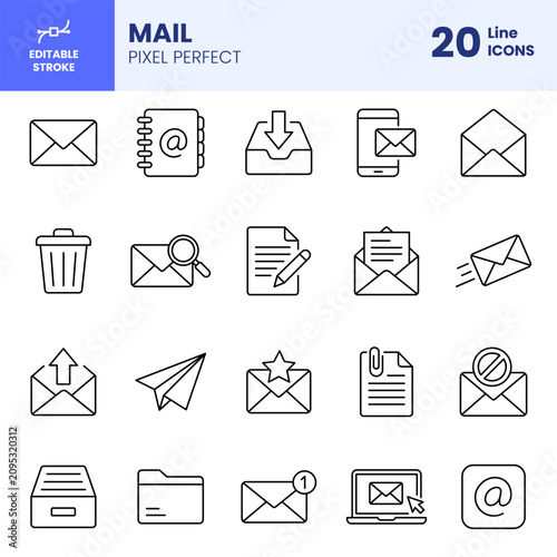 Obraz na płótnie Mail and Email Communication Line Icon Set with Editable Stroke for Web and Digital Messaging Interface