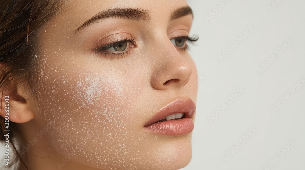 Obraz premium Soft makeup powder dusting cheek, close up portrait of woman with flawless skin and natural