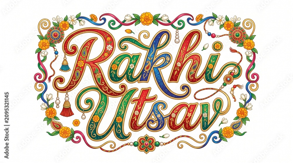 Naklejka premium Happy Raksha Bandhan or Rakhi with traditional Indian festive decor and text design.