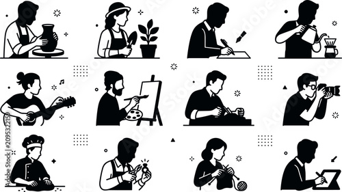 Foto Vector solid creative hobby and manual crafting activity icon set featuring pott