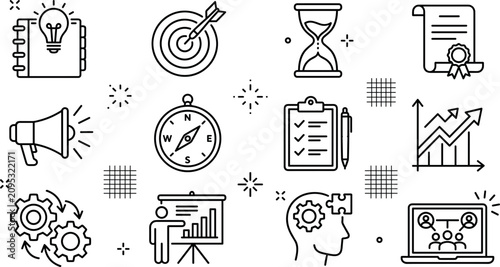 Vector linear corporate productivity and business management line icon set featuring target checklist marketing megaphone presentation graph and brainstorm elements